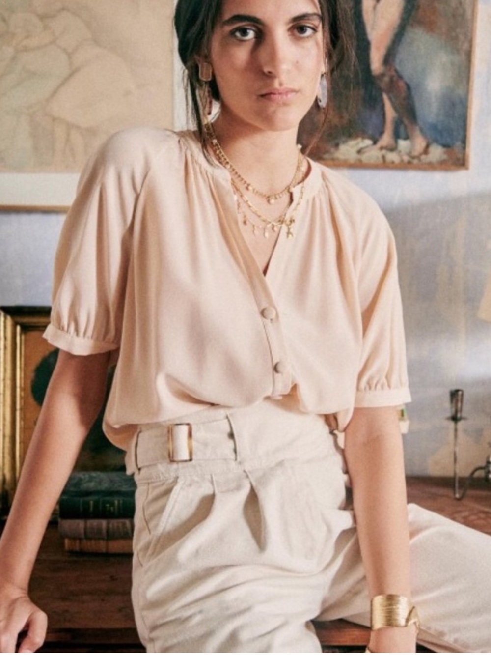 SEZANE Lennie Silk Blouse in Nude Peach - Size EUR 42 / US 10 / XL